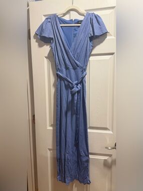 DKNY light blue jumpsuit V neck flutter sleeve 8